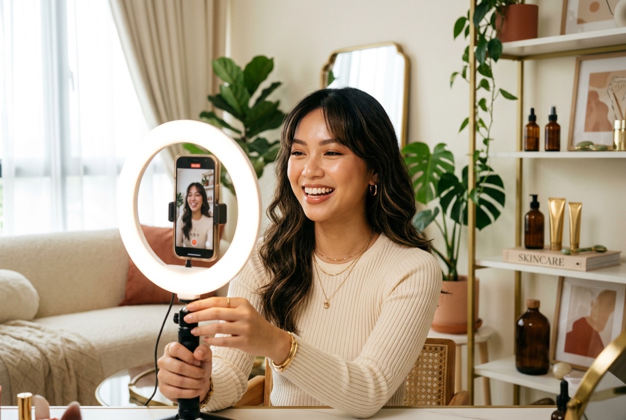 Beauty content creator filming