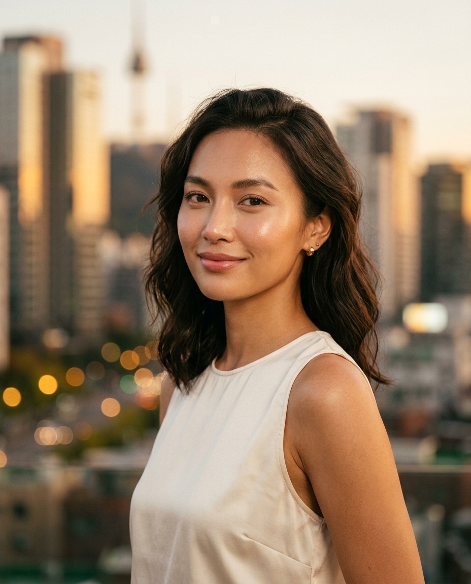 Radiant woman in Seoul at golden hour